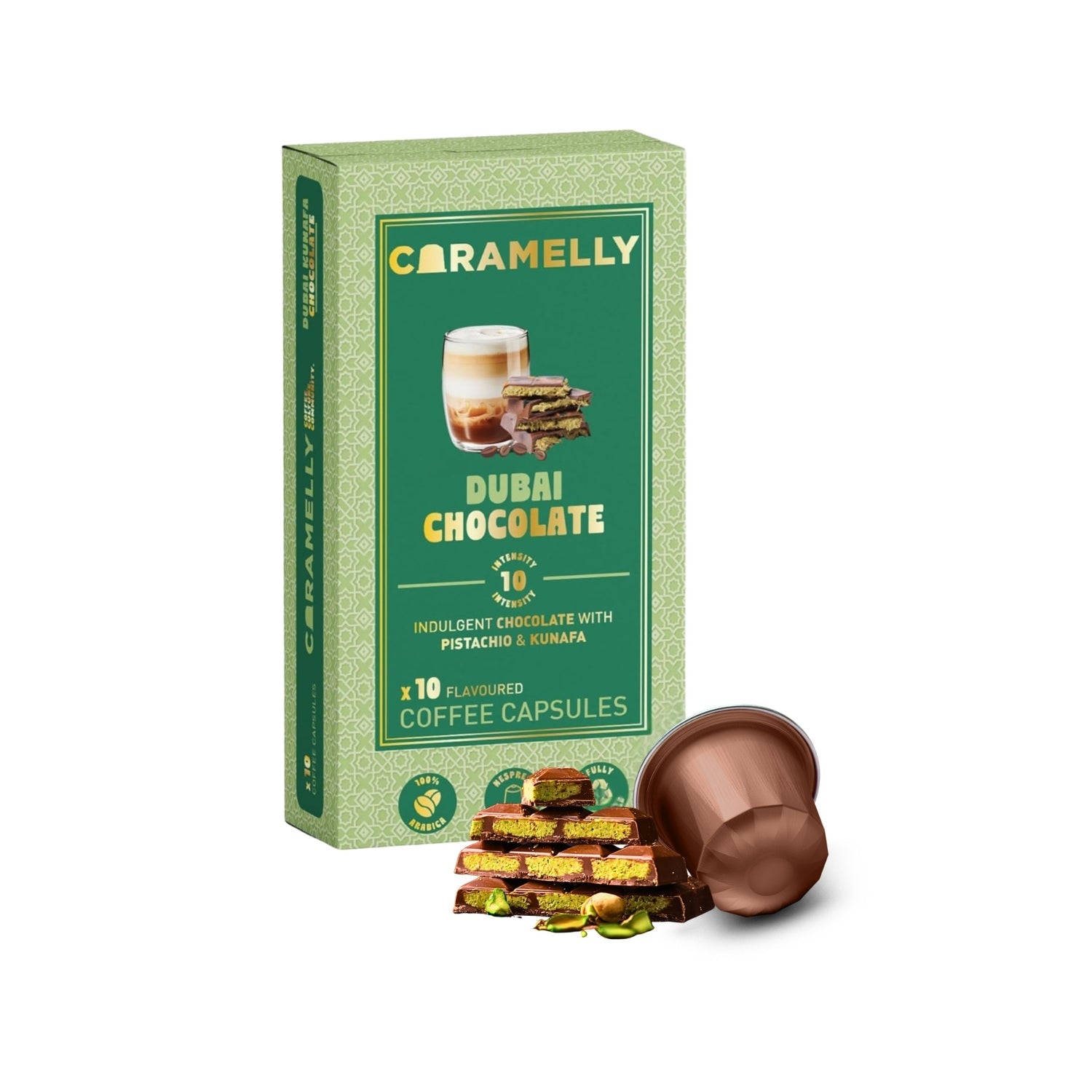 Caramelly Dubai Chocolate Flavoured Nespresso® Compatible Coffee Capsules - 10 Pods - Caramelly