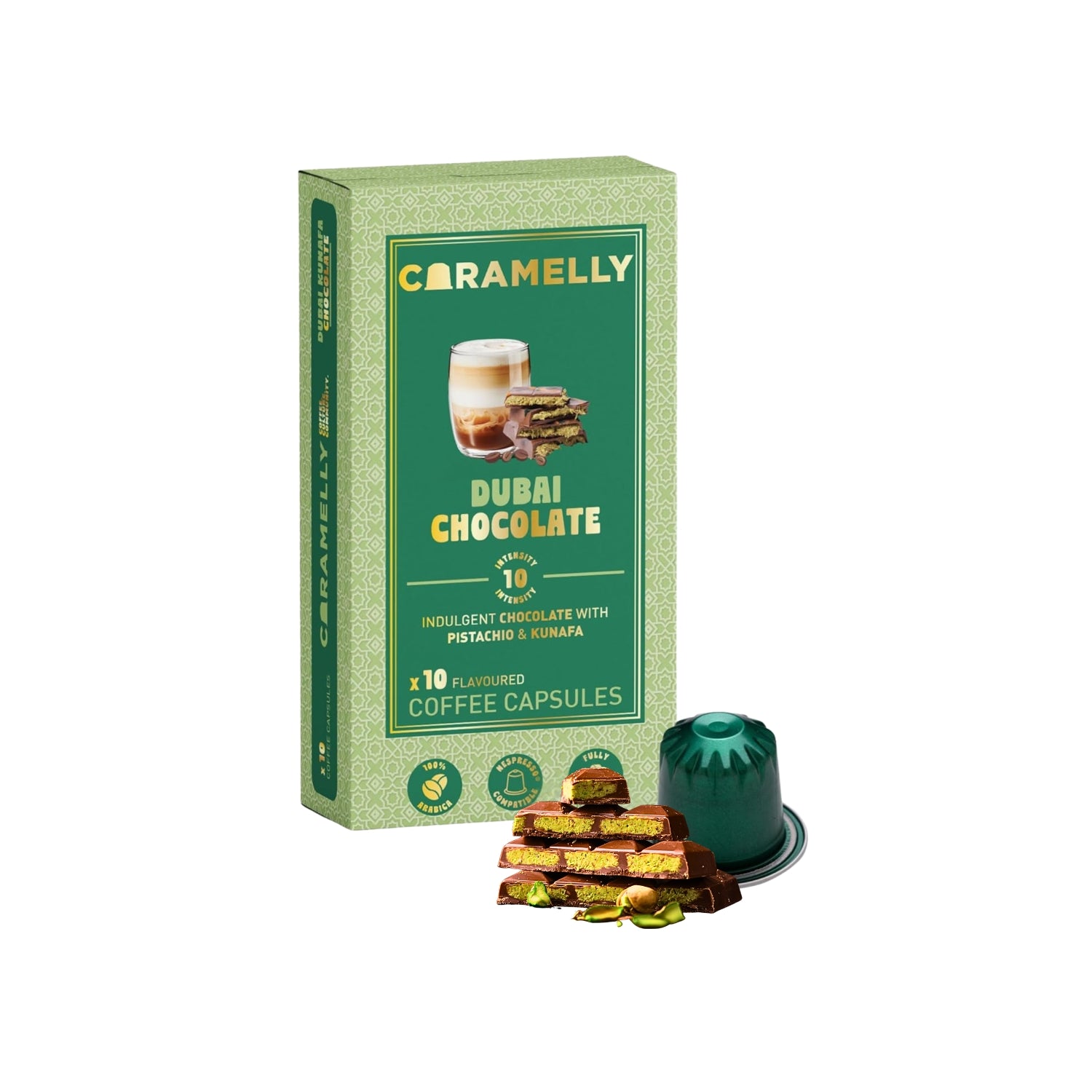 Caramelly Dubai Chocolate Flavoured Nespresso® Compatible Coffee Capsules - 10 Pods - Caramelly