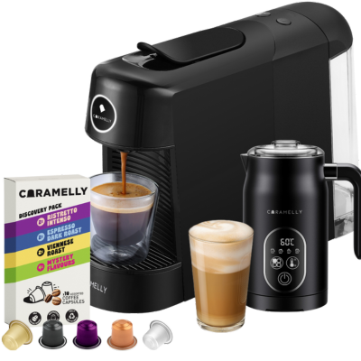 Caramelly Espresso Pop Nespresso® Coffee Capsule Machine with Milk Frother + Free Discovery Pack - Caramelly