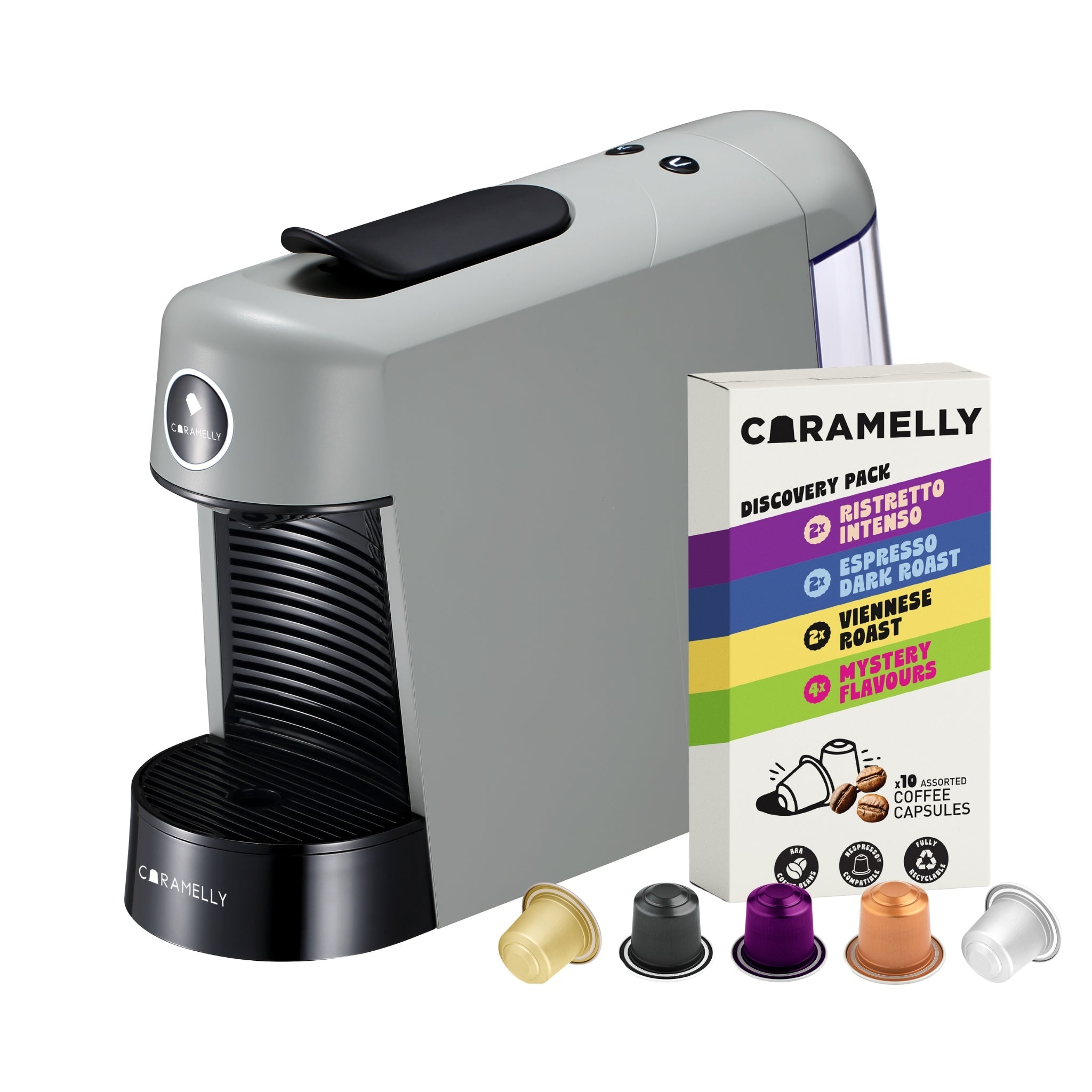 Caramelly Espresso Pop Nespresso® Compatible Coffee Capsule Machine (2025 Model) with LED Glow Ring + Free Discovery Pack - Caramelly