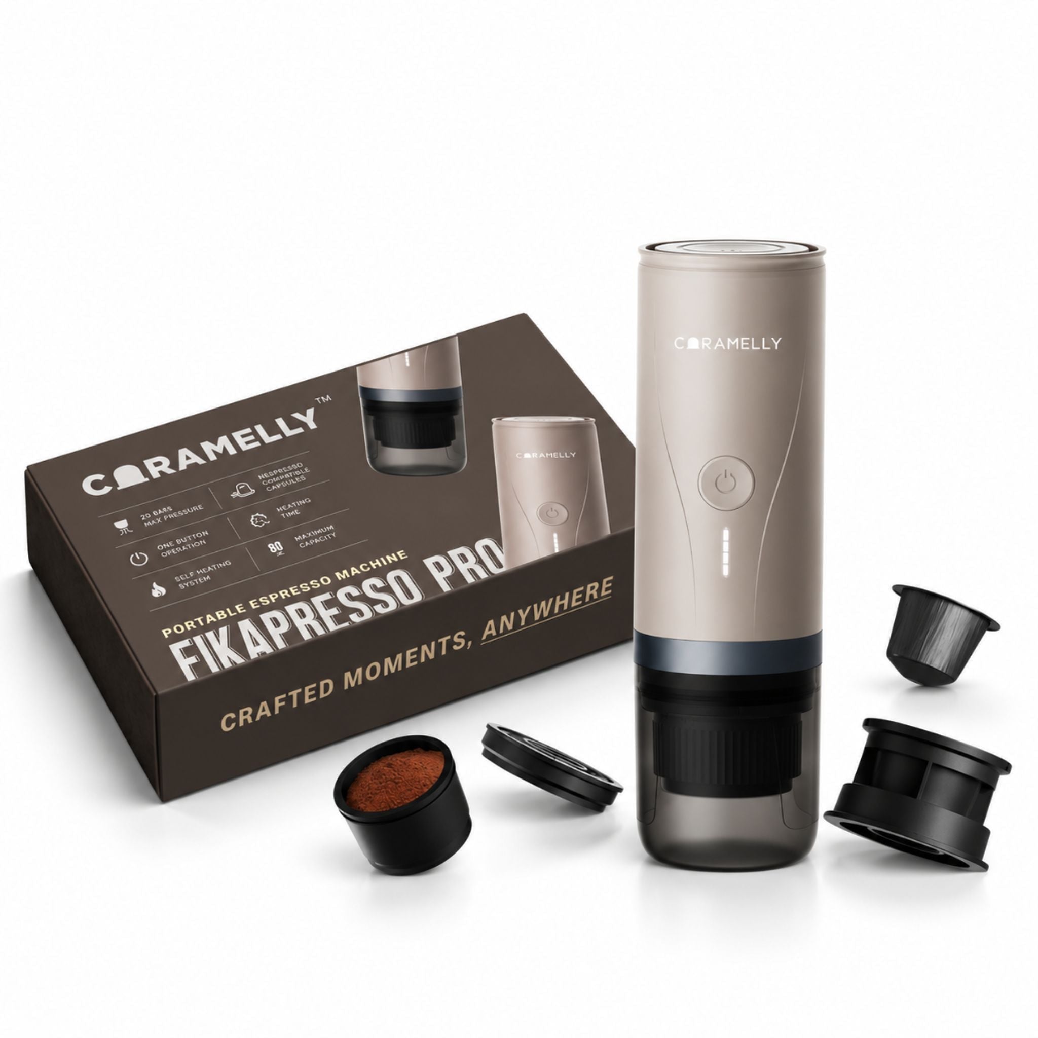 Caramelly Fikapresso PRO Portable Nespresso® Pods Compatible Espresso Maker (Self-Heating) with Case + Free Discovery Pack - Caramelly