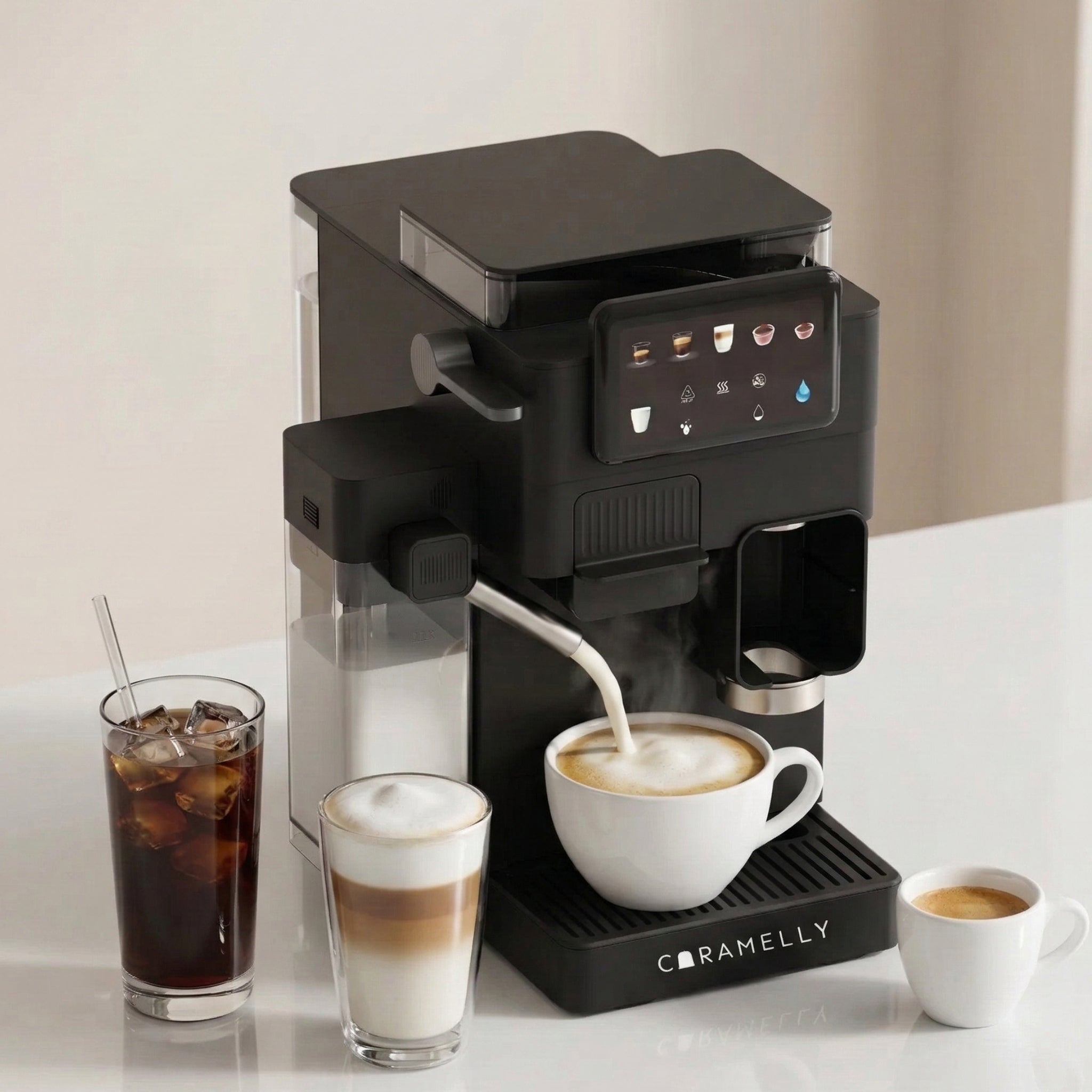 Caramelly Latte Touch 4 - in - 1 Coffee Machine compatible with Coffee Pods, Beans & Ground Coffee - Caramelly