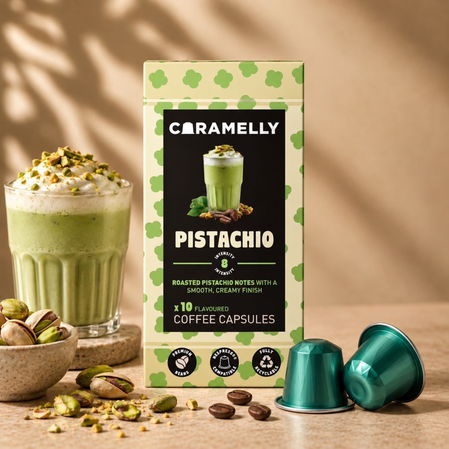 Caramelly Pistachio Flavoured Nespresso® Compatible Coffee Capsules - 10 Pods - Caramelly