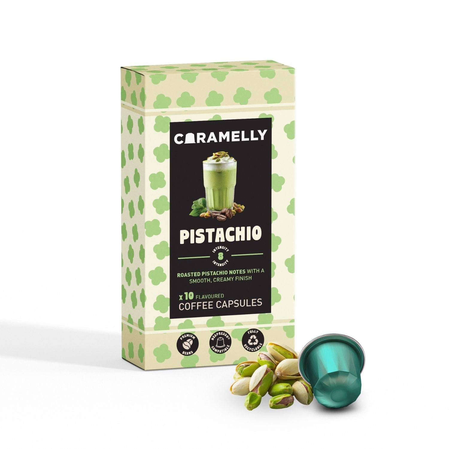 Caramelly Pistachio Flavoured Nespresso® Compatible Coffee Capsules - 10 Pods - Caramelly