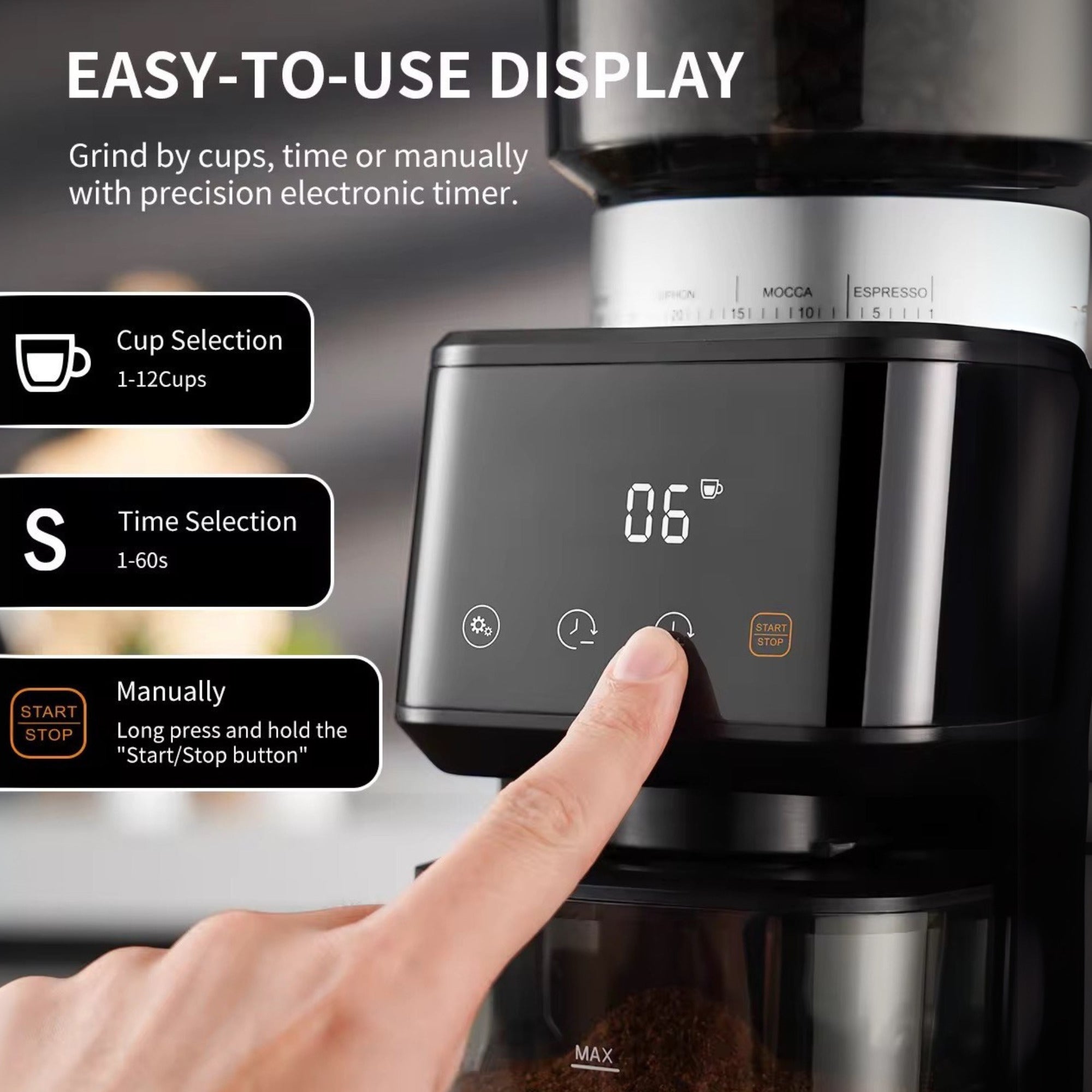 Caramelly R51.X Conical Burr Coffee Beans Grinder with Touchscreen, Precision Electronic Timer and 51 Precise Settings - Caramelly