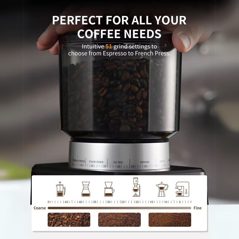 Caramelly R51.X Conical Burr Coffee Beans Grinder with Touchscreen, Precision Electronic Timer and 51 Precise Settings - Caramelly