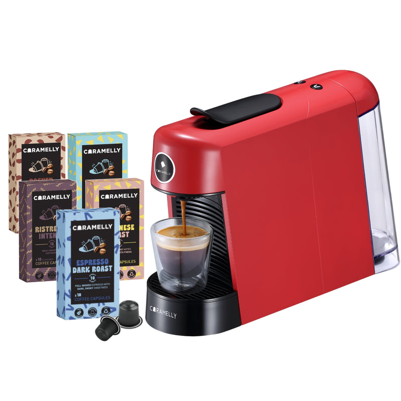 Caramelly Espresso Pop Nespresso® Compatible Coffee Capsule Machine (2025 Model) with LED Glow Ring + Free 50 Coffee Pods