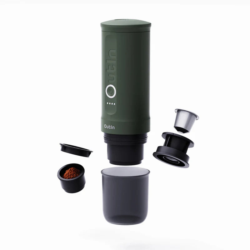 Outin USA Nano Portable Electric Espresso Machine with Self Heating and 20bar (Works with Nespresso® & Ground Coffee) - Forest Green - Caramelly