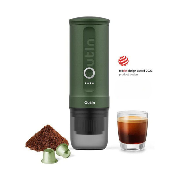 Outin USA Nano Portable Electric Espresso Machine with Self Heating and 20bar (Works with Nespresso® & Ground Coffee) - Forest Green - Caramelly