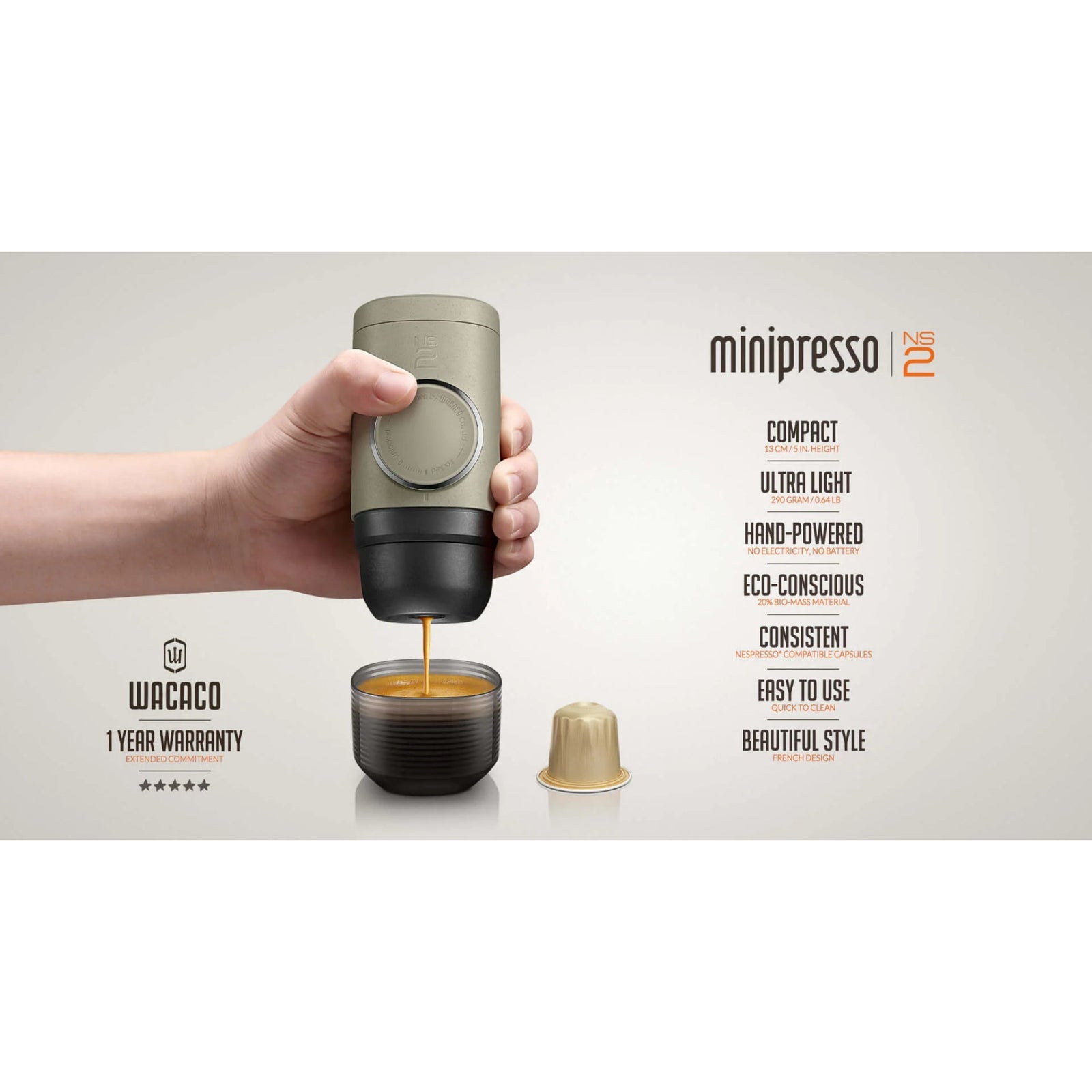 Wacaco Minipresso NS2 Portable Nespresso Pods Compatible Espresso Mak Caramelly